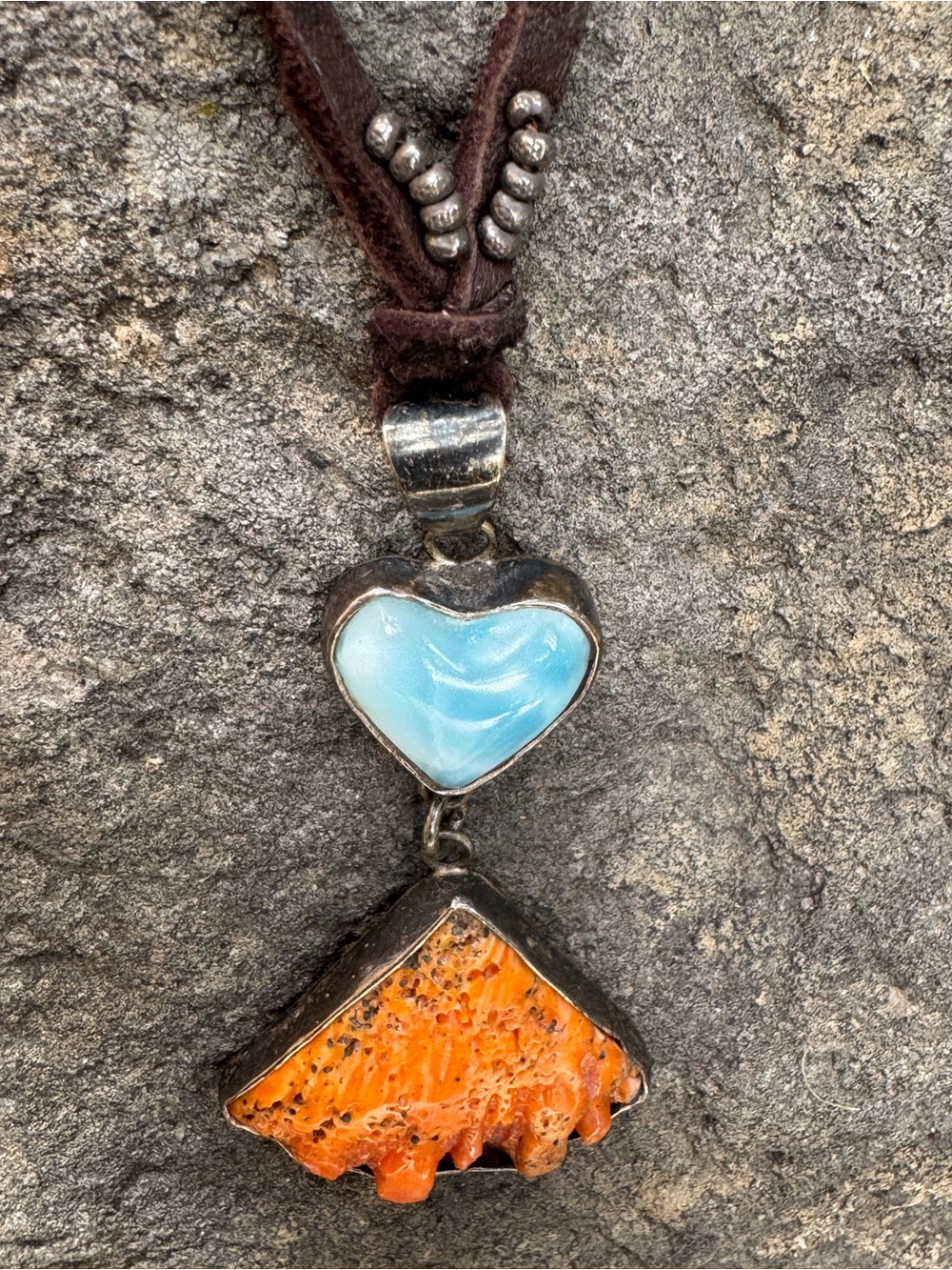 Sundance Light Blue Heart and Orange Coral Pendant Necklace